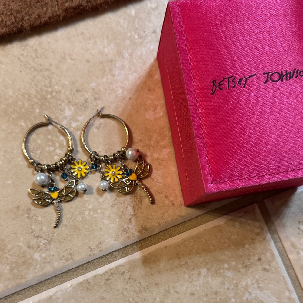 Betsey Johnson Floral Dragonfly Hoop Earrings